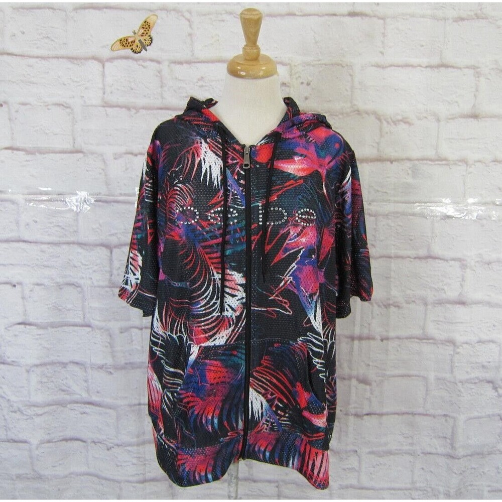 Bebe Sport Full Zip Hooded Short Sleeve Mesh Black Tropical Print Jacket size 2X